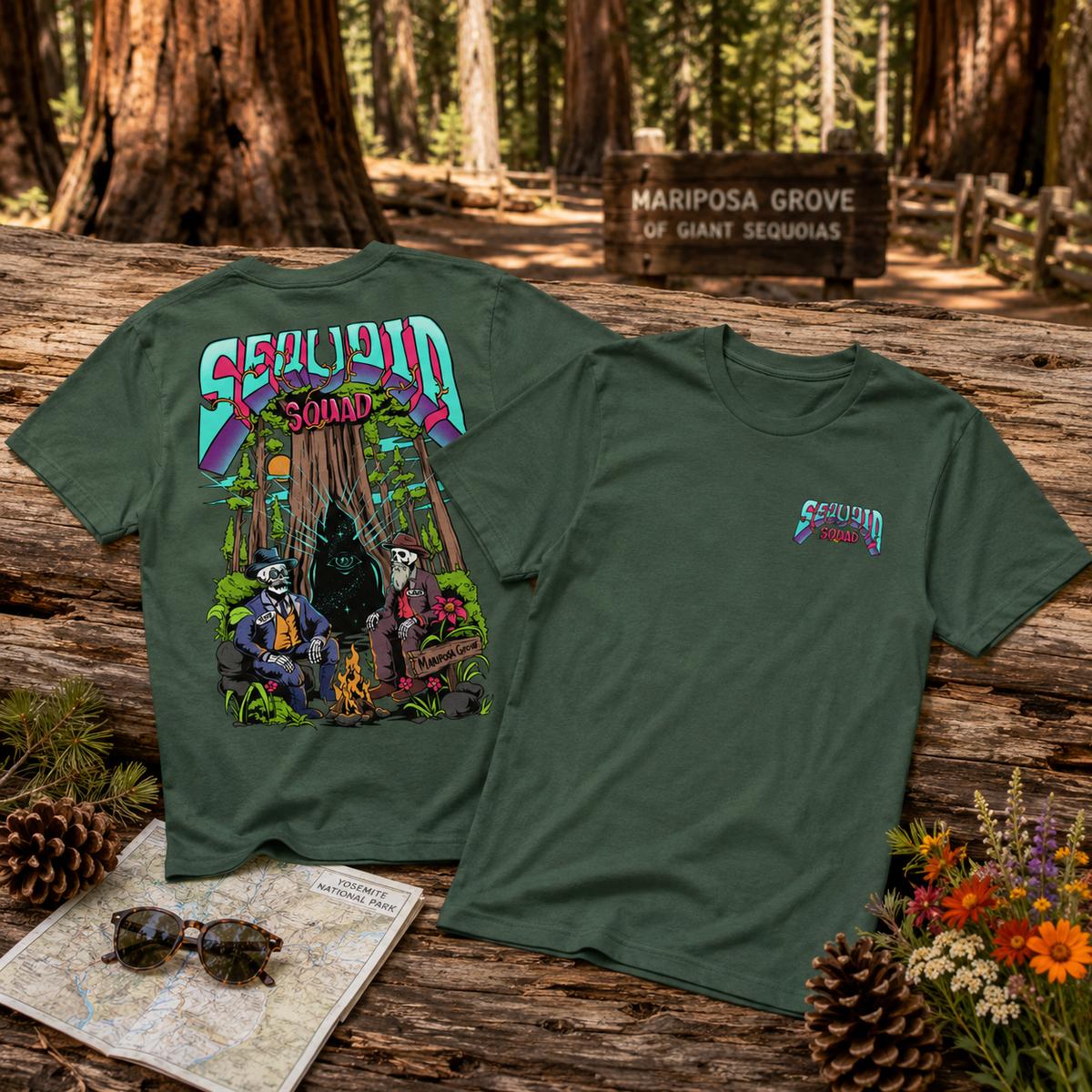 Heather Forest Sequoia Squad T-shirt featuring skeleton Teddy Roosevelt and John Muir flat lay in Mariposa Grove