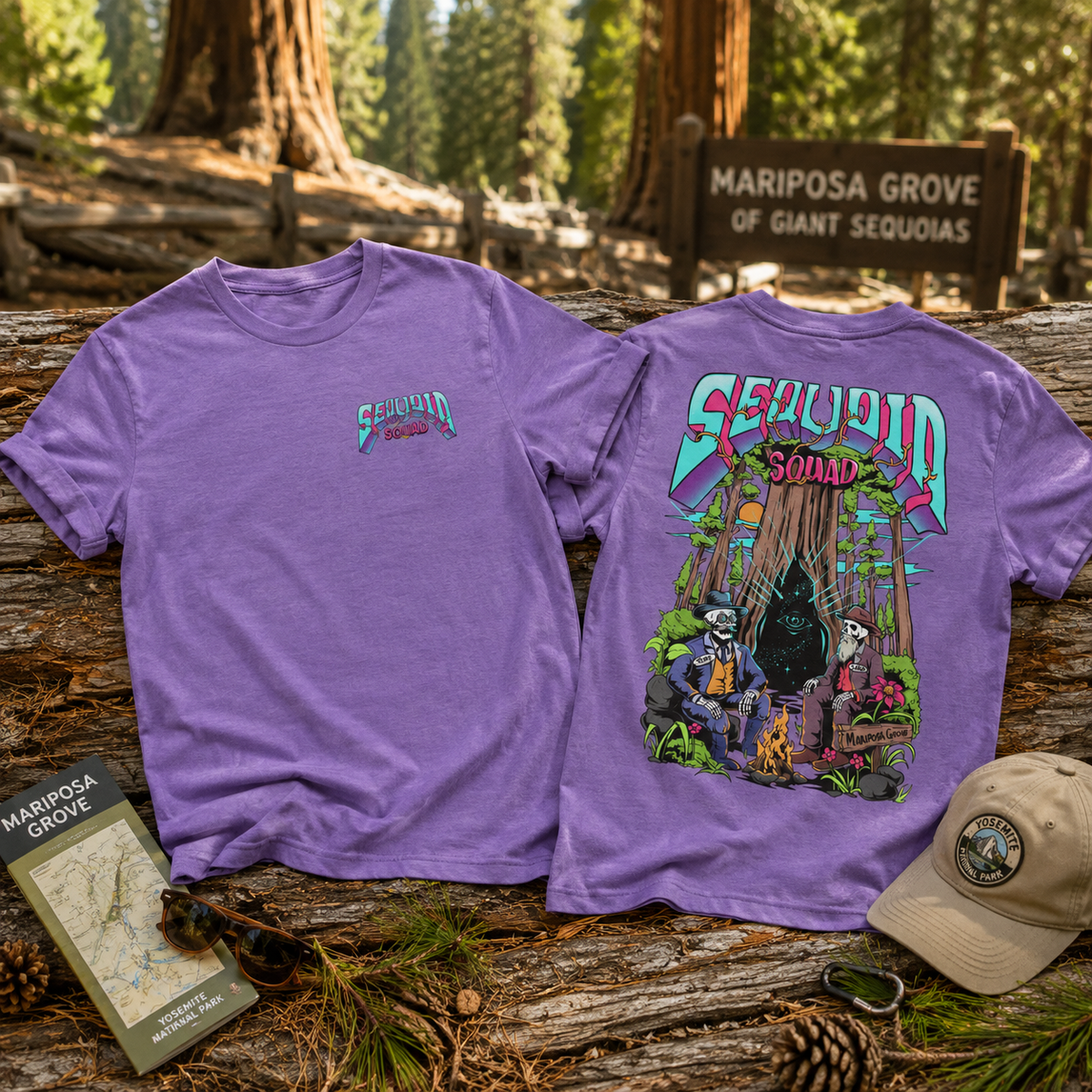 Heather Team Purple Sequoia Squad T-shirt featuring skeleton Teddy Roosevelt and John Muir flat lay in Mariposa Grove
