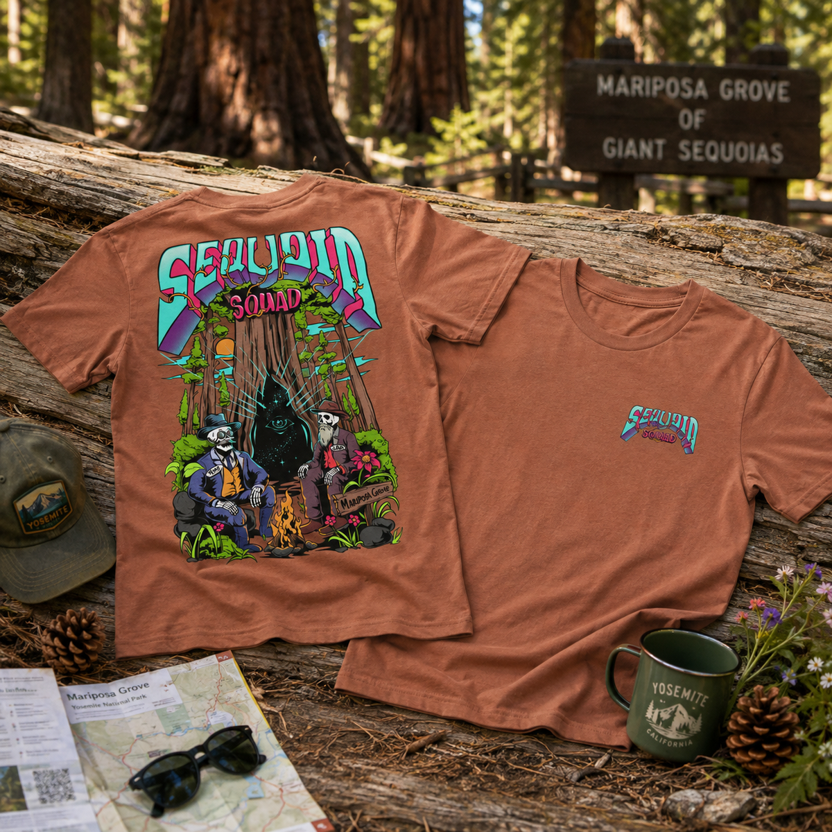 Heather Autumn Sequoia Squad T-shirt featuring skeleton Teddy Roosevelt and John Muir flat lay in Mariposa Grove