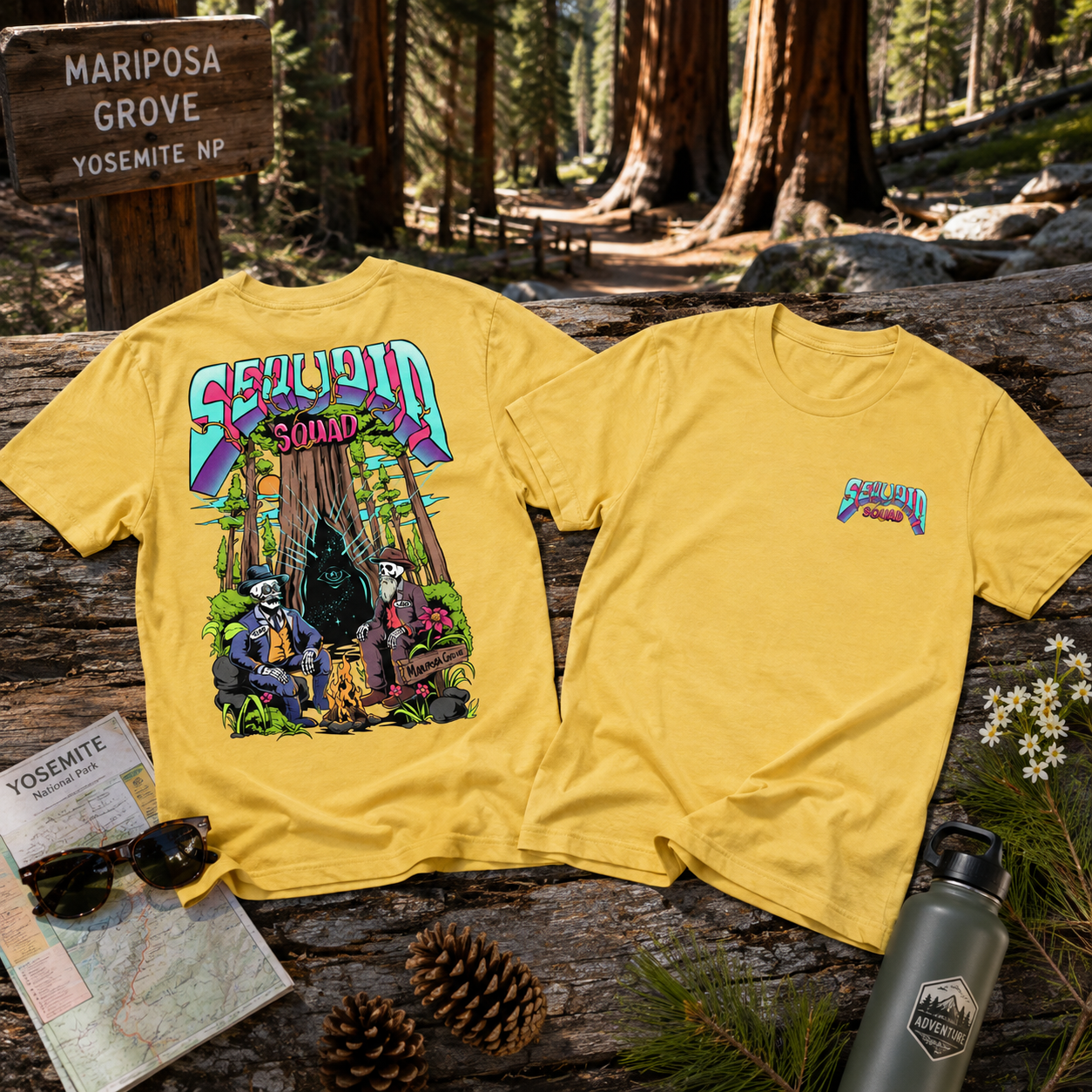 Heather Yellow Sequoia Squad T-shirt featuring skeleton Teddy Roosevelt and John Muir flat lay in Mariposa Grove