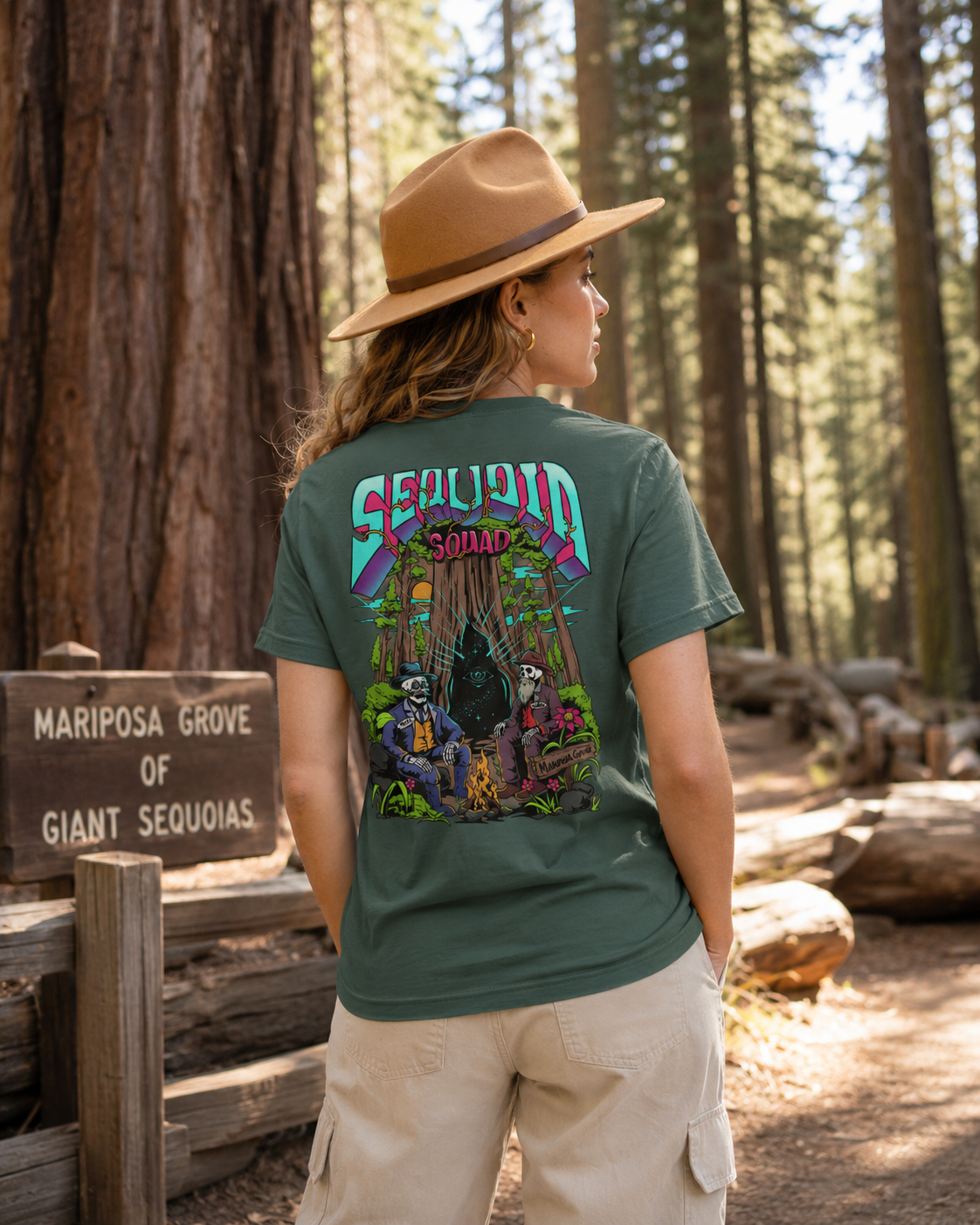 Woman wearing a Sequoia Squad T-shirt and hat beneath a giant sequoia tree in Mariposa Grove